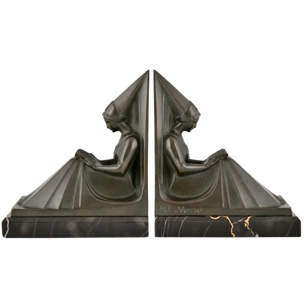 Art Deco bookends reading Medieval ladies