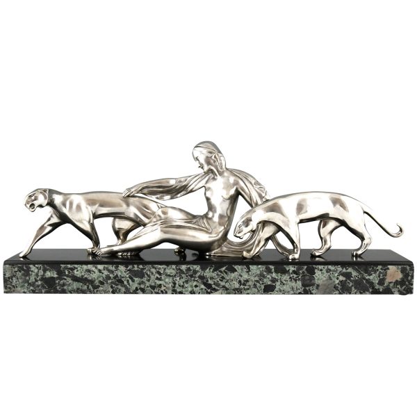 Art Deco bronze sculpture lady with two panthers