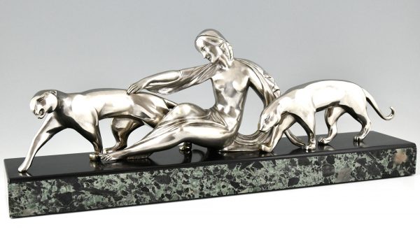 Art Deco bronze sculpture lady with two panthers