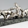 Art Deco bronze sculpture lady with two panthers