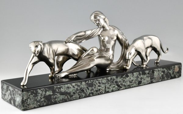 Art Deco bronze sculpture lady with two panthers