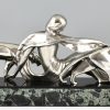 Art Deco bronze sculpture lady with two panthers