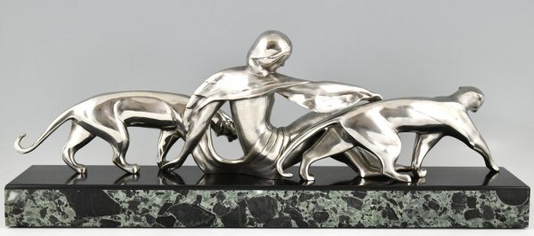 Art Deco bronze sculpture lady with two panthers