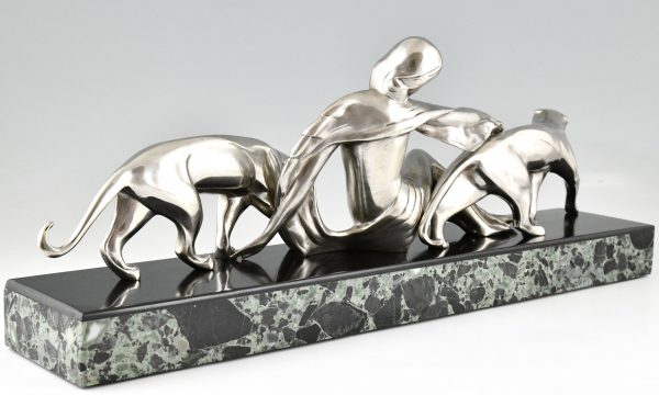 Art Deco sculpture en bronze femme aux panthères