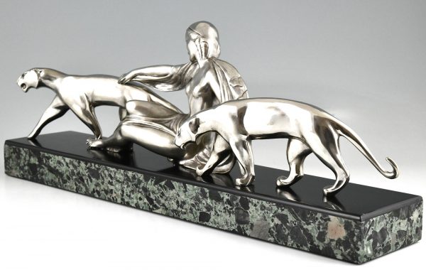 Art Deco bronze sculpture lady with two panthers