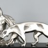 Art Deco bronze sculpture lady with two panthers