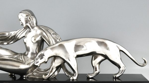 Art Deco bronze sculpture lady with two panthers