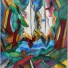 Art Deco style painting landscape with sailing boats