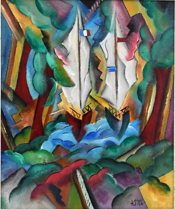 Art Deco Stil Gemälde Segelboot in Landschaft
