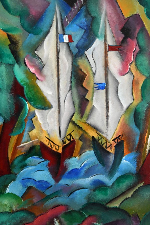 Art Deco style painting landscape with sailing boats
