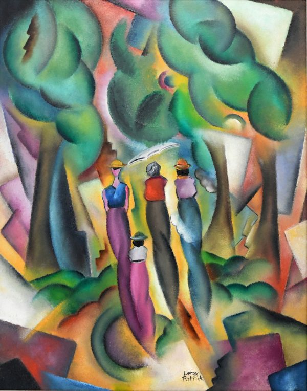 Art Deco style painting of a ladies in a forest