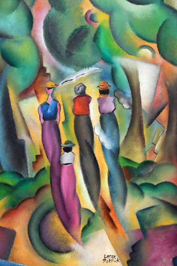 Art Deco style painting of a ladies in a forest