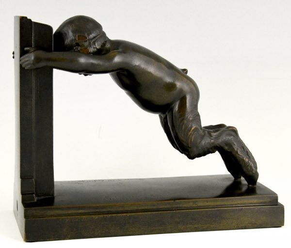 Art Deco bronze bookends boy and girl satyr