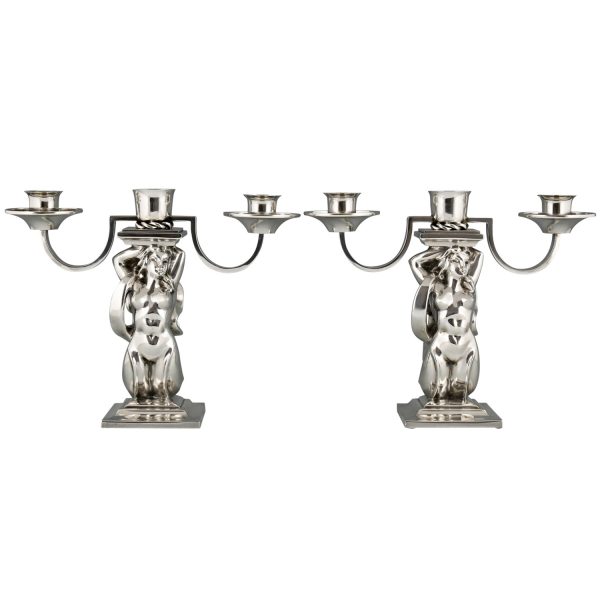 Pair Art Deco silvered bronze candelabra with mermaids