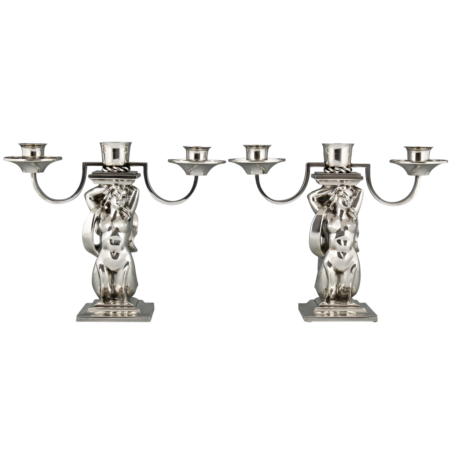 Art Deco paire de candélabres aux sirènes bronze argenté