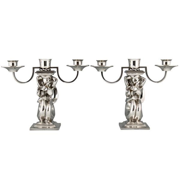 Pair Art Deco silvered bronze candelabra with mermaids