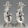 Pair Art Deco silvered bronze candelabra with mermaids