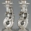 Pair Art Deco silvered bronze candelabra with mermaids