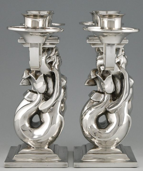 Pair Art Deco silvered bronze candelabra with mermaids