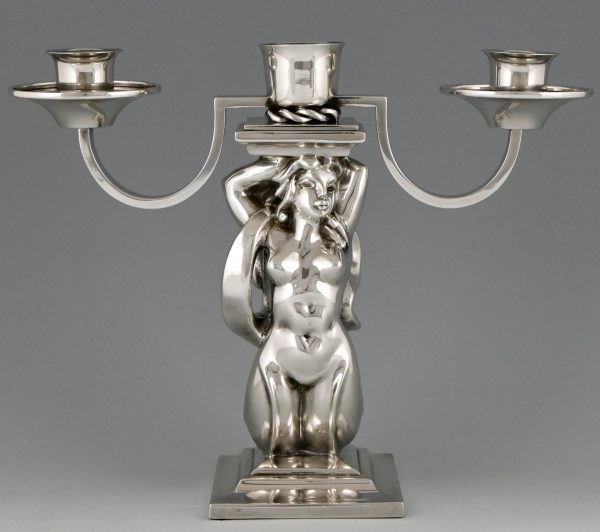 Pair Art Deco silvered bronze candelabra with mermaids