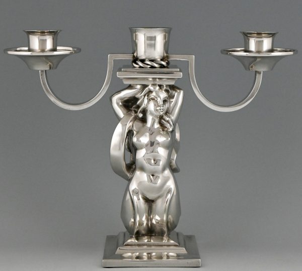 Pair Art Deco silvered bronze candelabra with mermaids