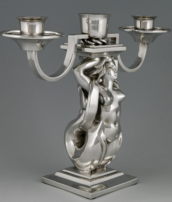 Pair Art Deco silvered bronze candelabra with mermaids