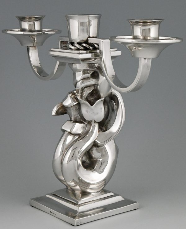 Pair Art Deco silvered bronze candelabra with mermaids