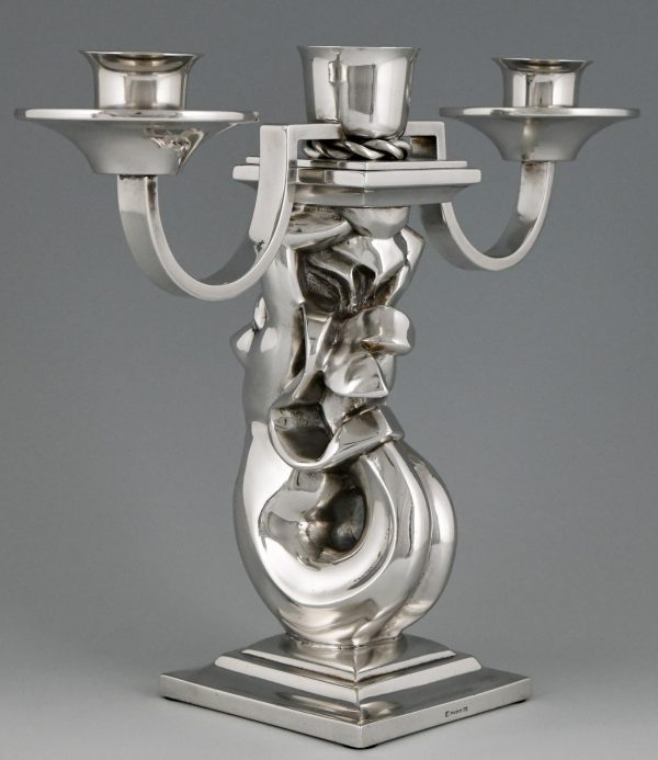 Pair Art Deco silvered bronze candelabra with mermaids