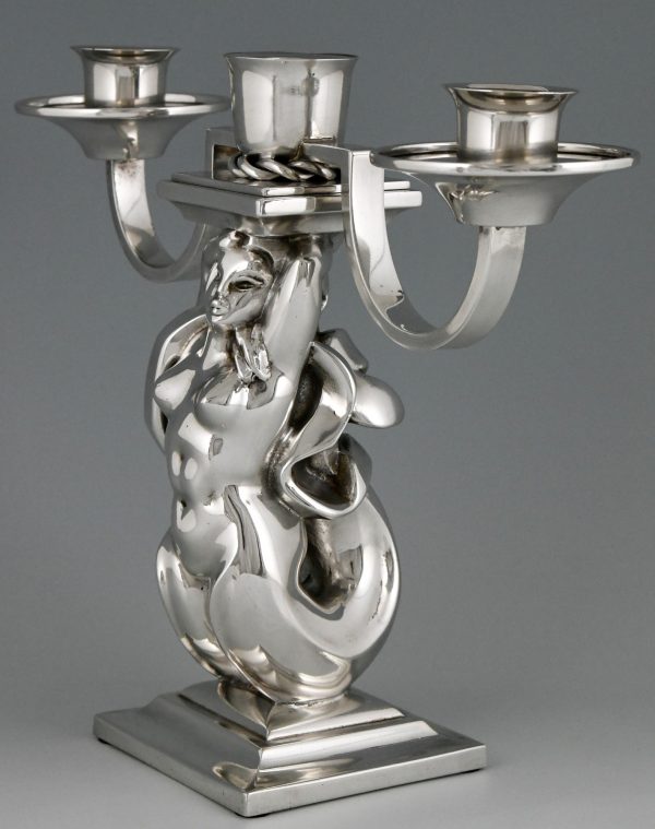 Pair Art Deco silvered bronze candelabra with mermaids