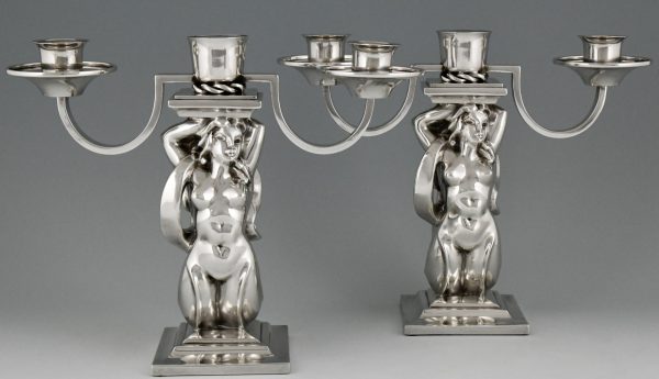 Pair Art Deco silvered bronze candelabra with mermaids