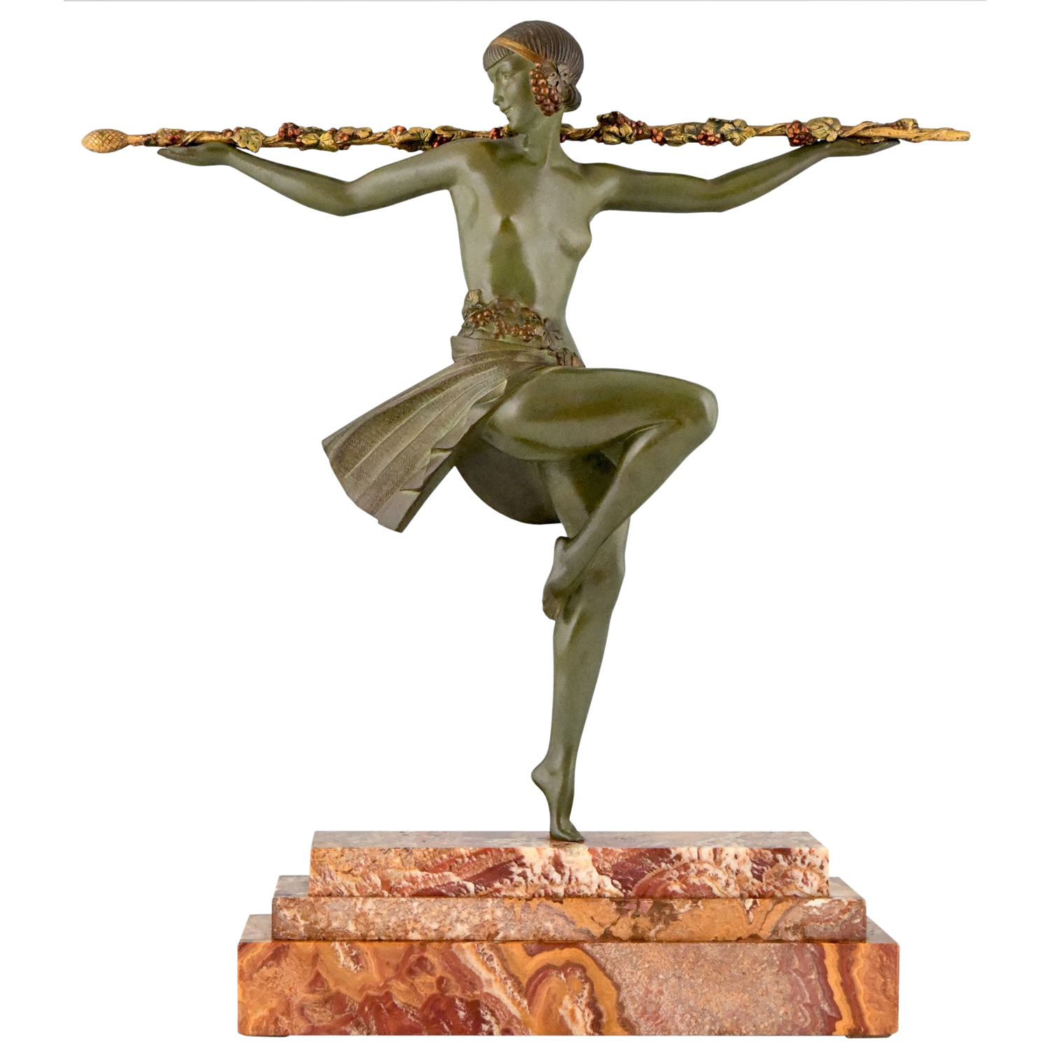 Art Deco bronzen beeld danseres met thyrsus staf