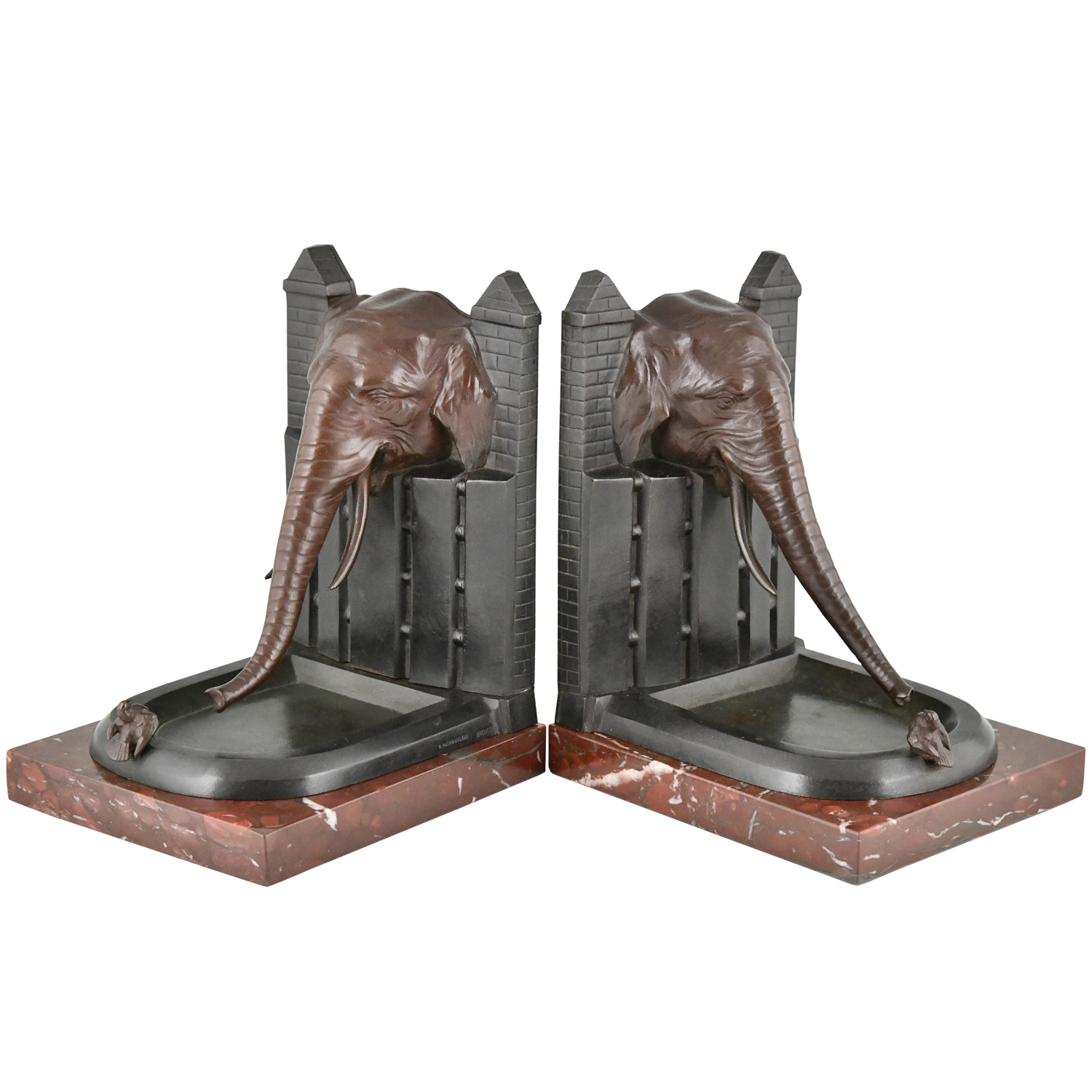 Art Deco bronze bookends elephant with bird