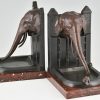 Art Deco bronzen boekensteunen olifanten met vogel