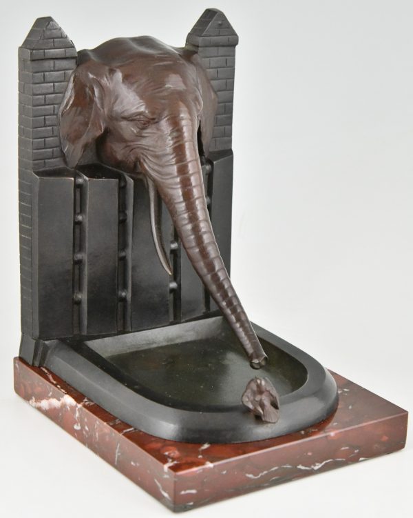 Art Deco bronze bookends elephant with bird