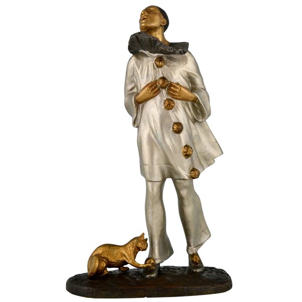 Art Deco Skulptur Bronzen Pierrot mit Katze