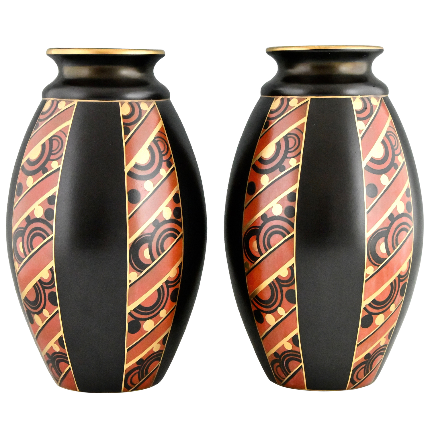 Paar Vasen Art Deco schwarz, rot und gold