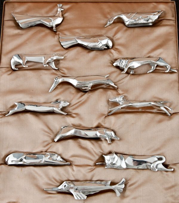 Art Deco 12 Messerbänkchen Tiere versilbert in Schatulle