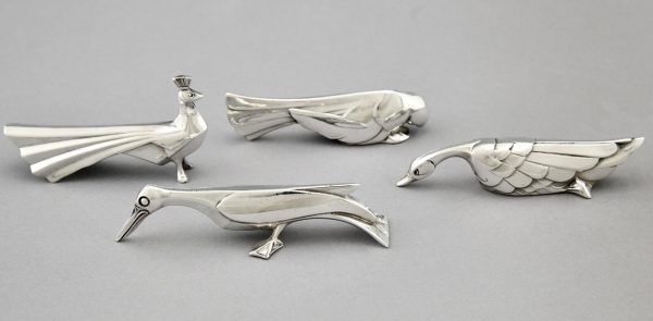 Art Deco set of 12 silvered animal knife rests in case