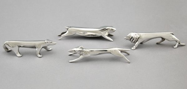 Art Deco set of 12 silvered animal knife rests in case