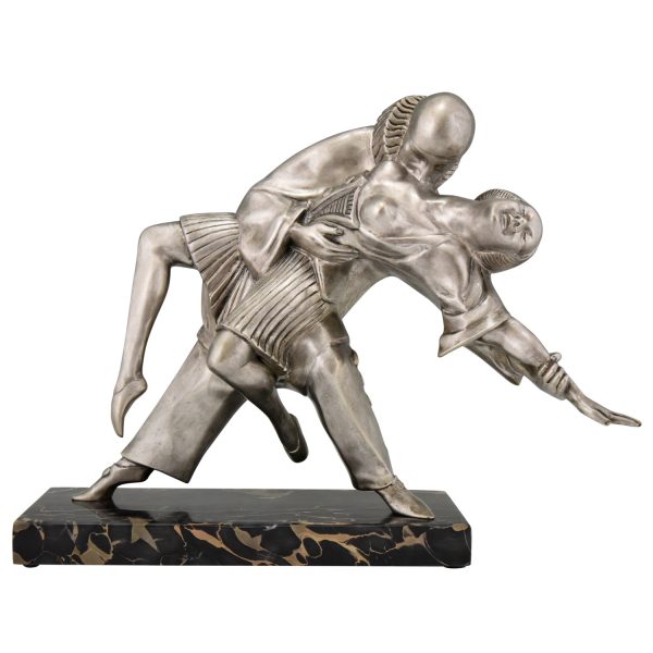 Art Deco bronzen sculptuur Pierrot en Colombine dansend paar