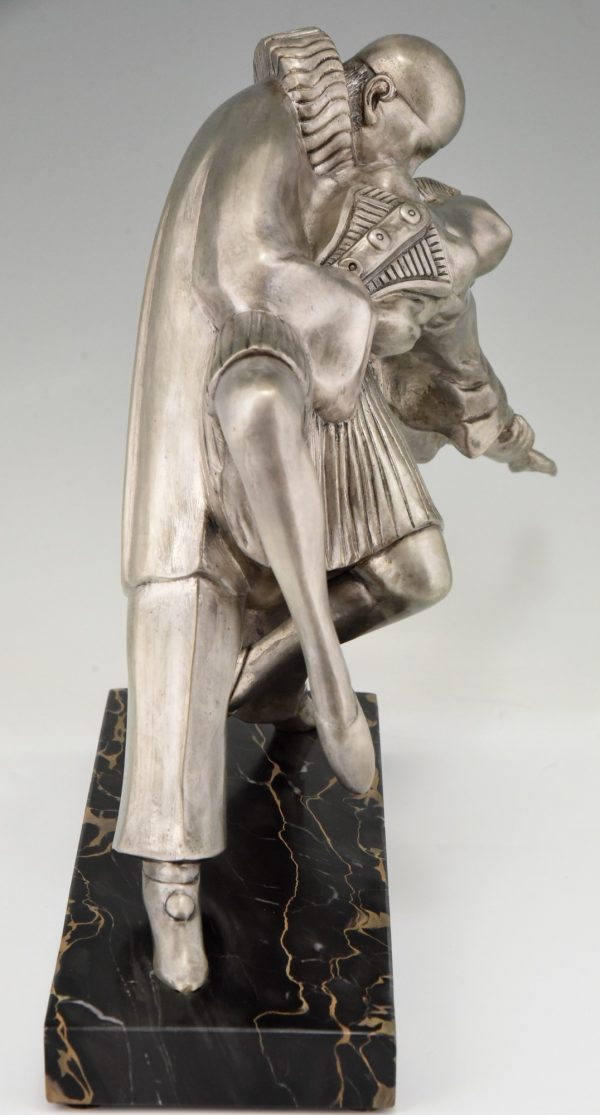 Art Deco bronzen sculptuur Pierrot en Colombine dansend paar