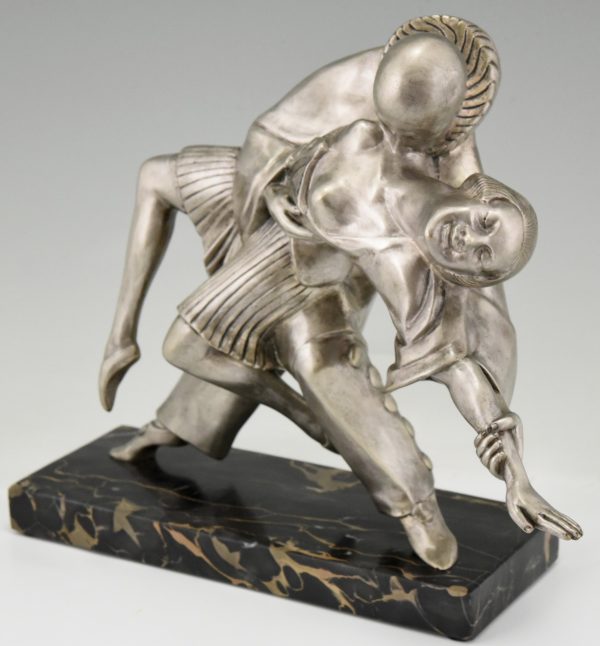 Art Deco Skulptur Bronze Tanzend Paar Pierrot et Colombine