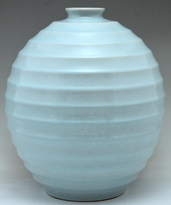 Art Deco vase boule céramique blue pastel