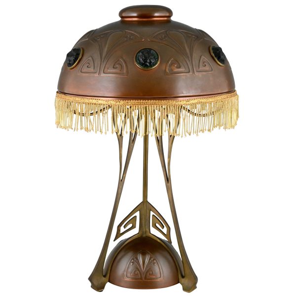 Art Nouveau copper, brass and glass cabochons table lamp