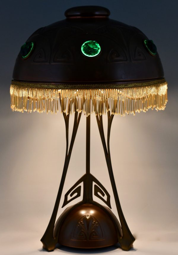 Art Nouveau copper, brass and glass cabochons table lamp
