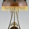 Art Nouveau copper, brass and glass cabochons table lamp