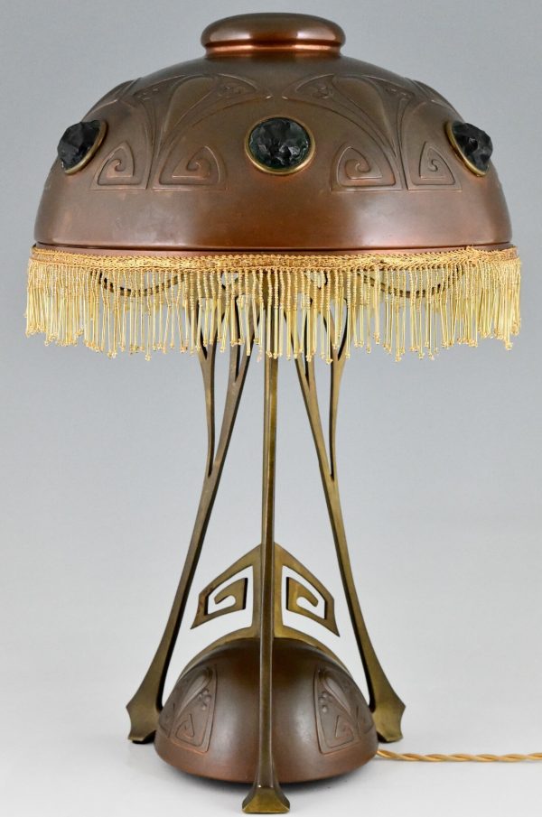 Jugendstil Lamp Kupfer, Messing, Glaskabochons