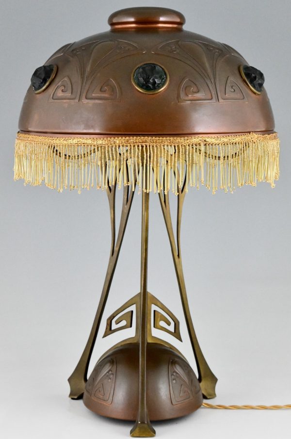 Art Nouveau copper, brass and glass cabochons table lamp