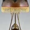 Art Nouveau copper, brass and glass cabochons table lamp