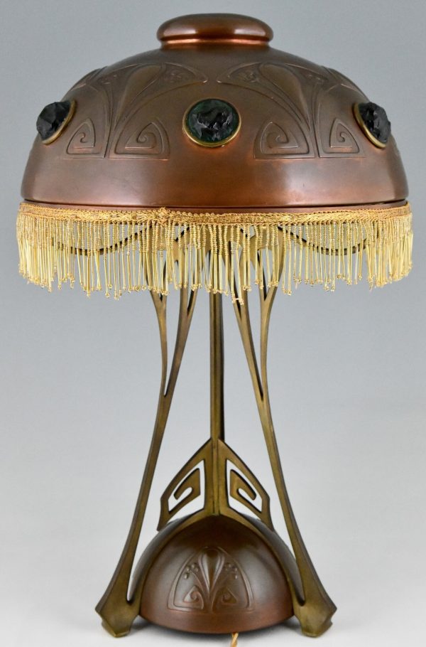 Art Nouveau copper, brass and glass cabochons table lamp